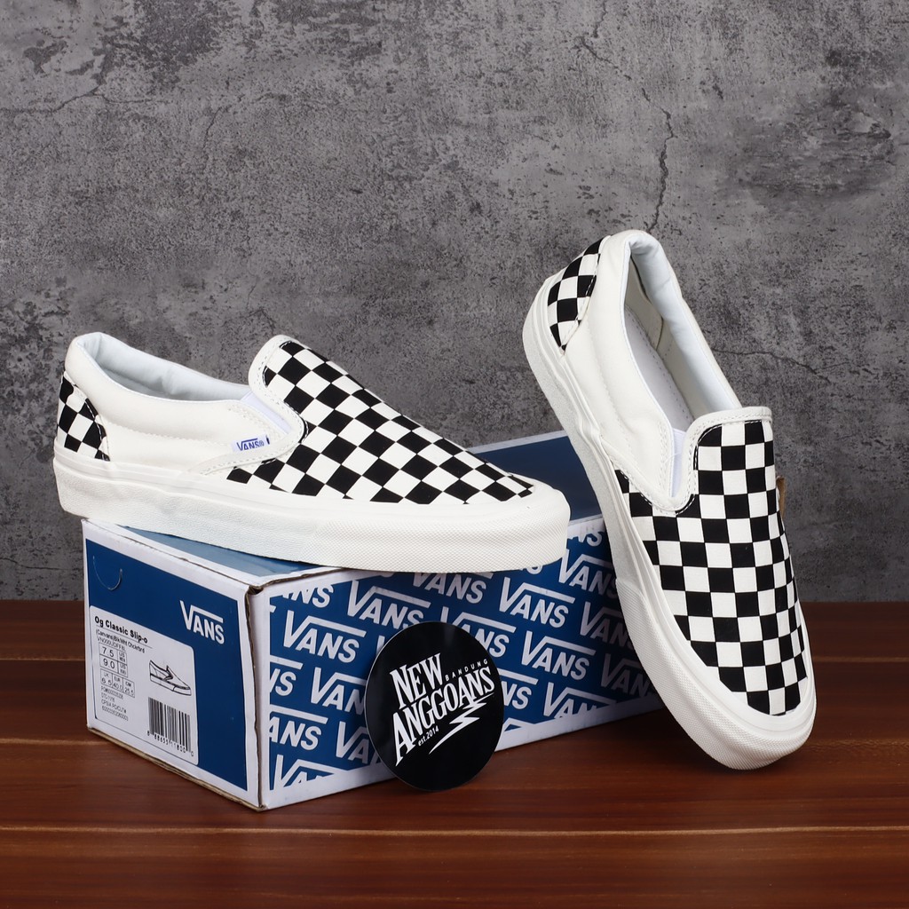 Sepatu Vans Slip On Motif OG LX Checkerboard Catur Black Off White