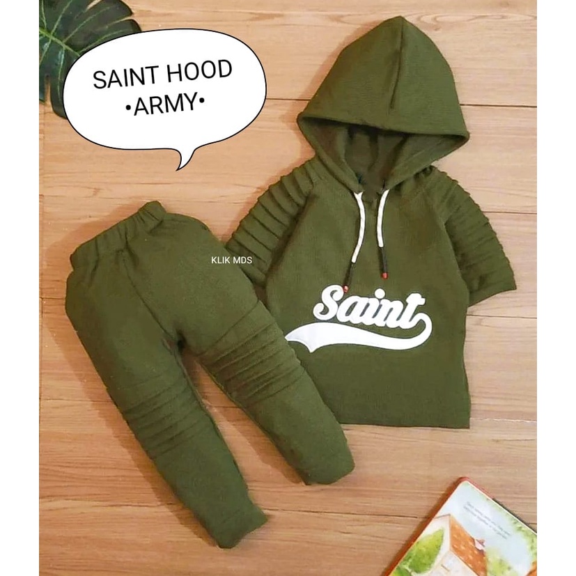 Setelan Anak Laki - Laki / Baju Bayi Cowok Hoodie Pendek  Celana Panjang Bahan Waffle Motif Saint Hood Usia 6 Bulan - 3 Tahun