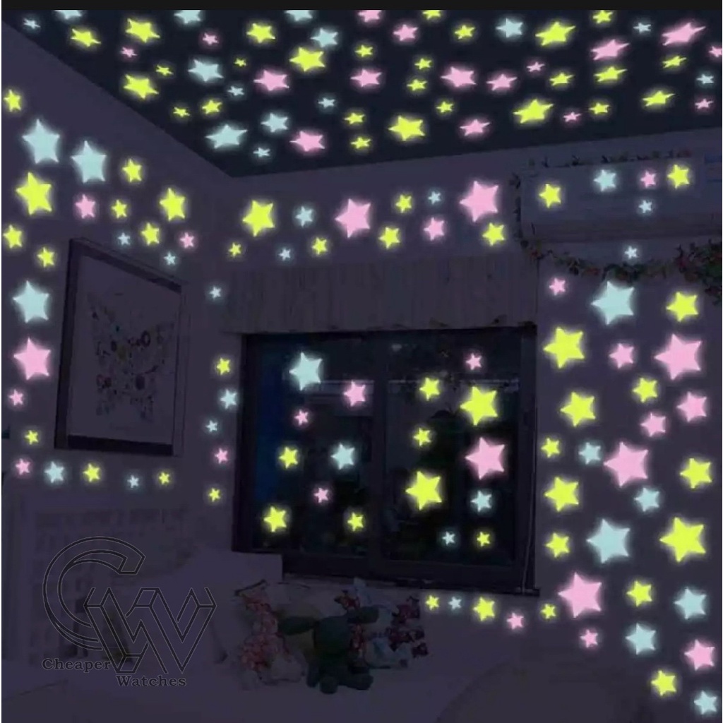 Cheaper-Stiker Bintang Dinding Glow In The Dark Star Sticker Dekorasi 3D Hiasan Bintang Kamar Per 100pcs