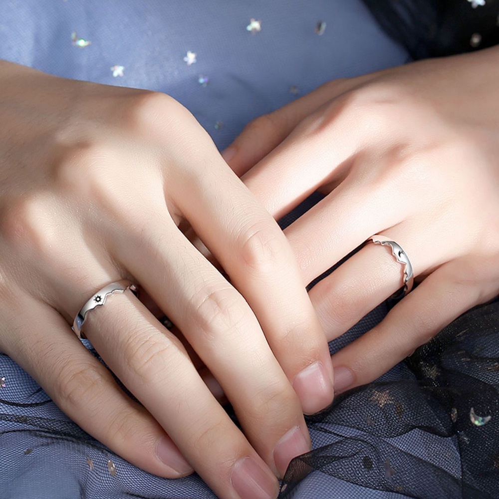 2pcs Cincin Model Terbuka Desain Matahari Dan Bulan Warna Silver Untuk Pria Dan Wanita