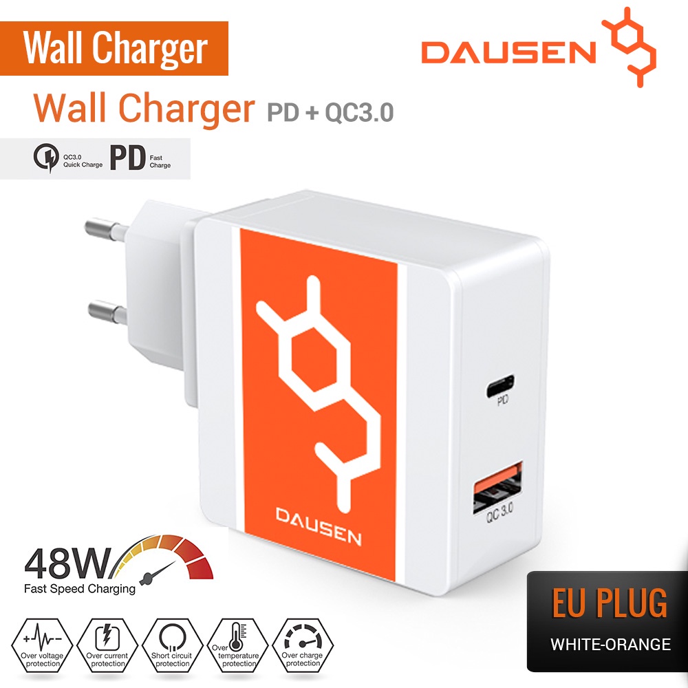 DAUSEN Dual Port Wall Charger 48 Watt PD + QC3.0 - EU plug