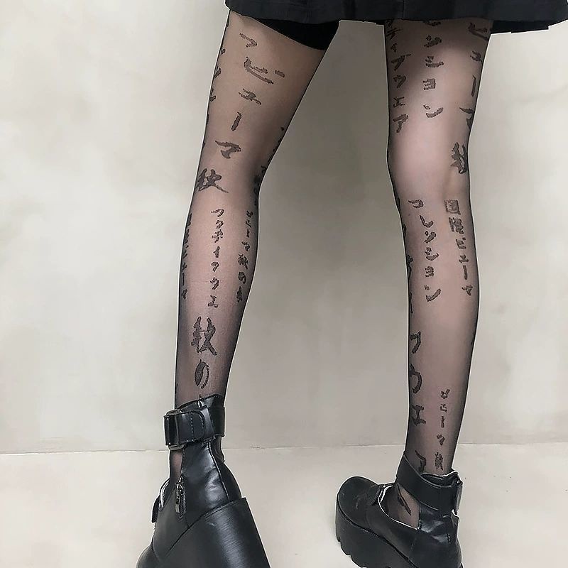 PH-39 pantyhose stocking coretan kanji putih hitam lolita japan celana legging panty hose