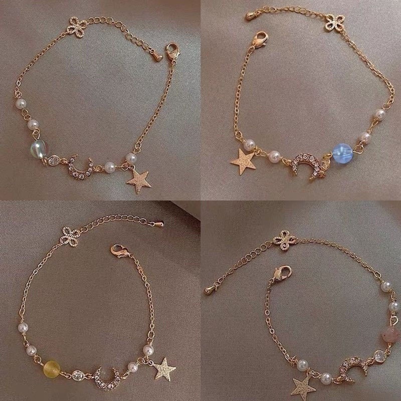 Gelang Rantai Mutiara Kristal Bentuk Bulan Bintang Warna Pink Gaya Korea Jepang Untuk Wanita