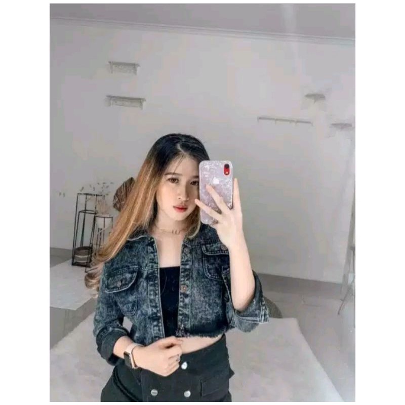 JAKET JEANS WANITA JACKET CROP RAWIS JUMBO LD 110