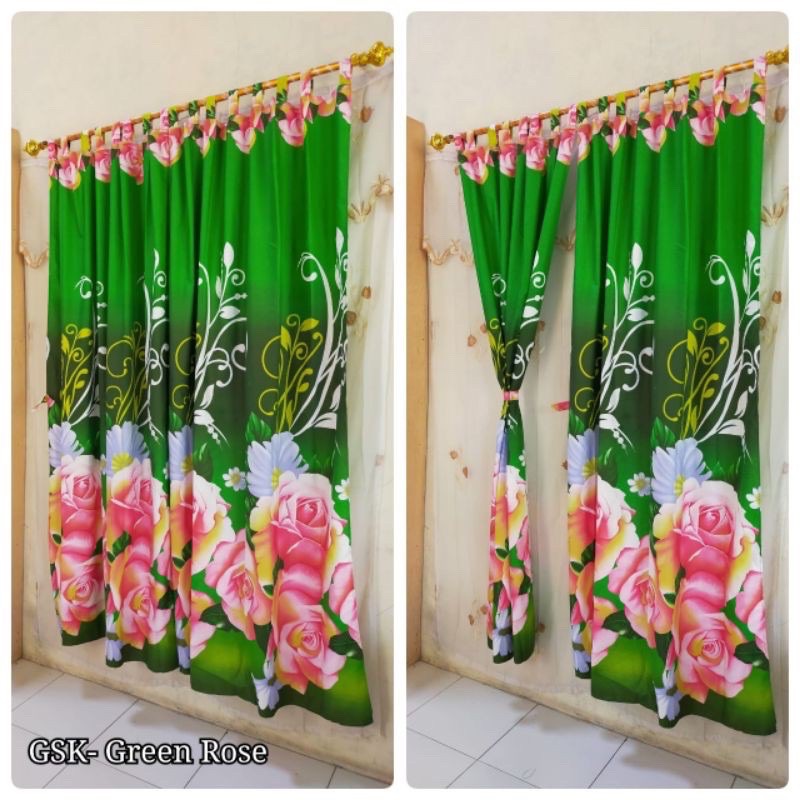 [ PINTU DAN JENDELA ] GORDEN TALI + PONI MOTIF BUNGA MAWAR PINK DASAR HIJAU