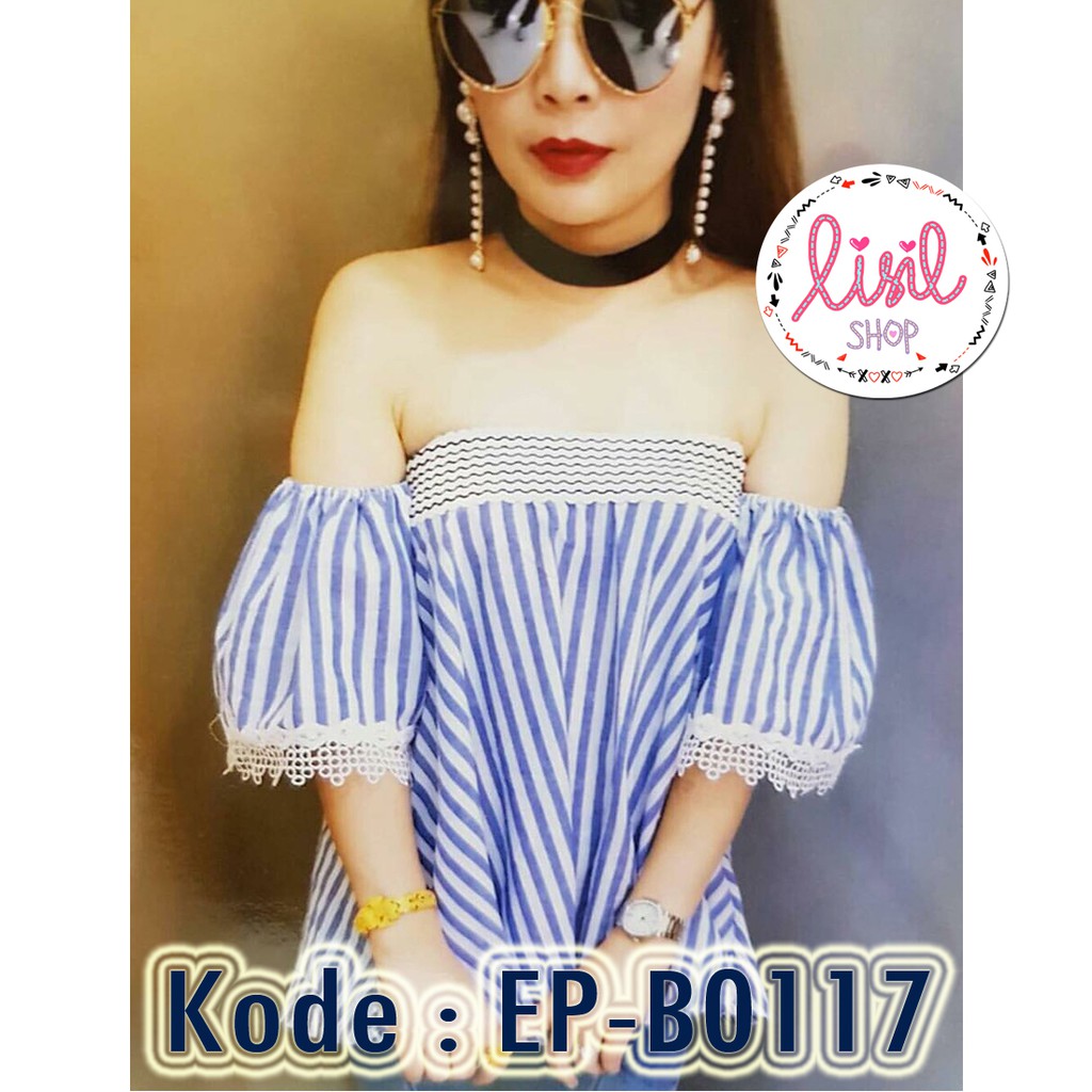 Atasan Wanita/Baju Sabrina Garis Salur Kombinasi Brukat/Blouse Bahu Bolong Import