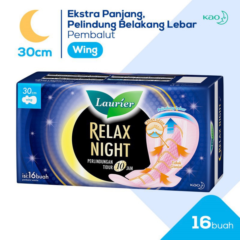 LAURIER RELAX NIGHT  WING  30CM 16 PADS   PEMBALUT WANITA  SANITARY PAD