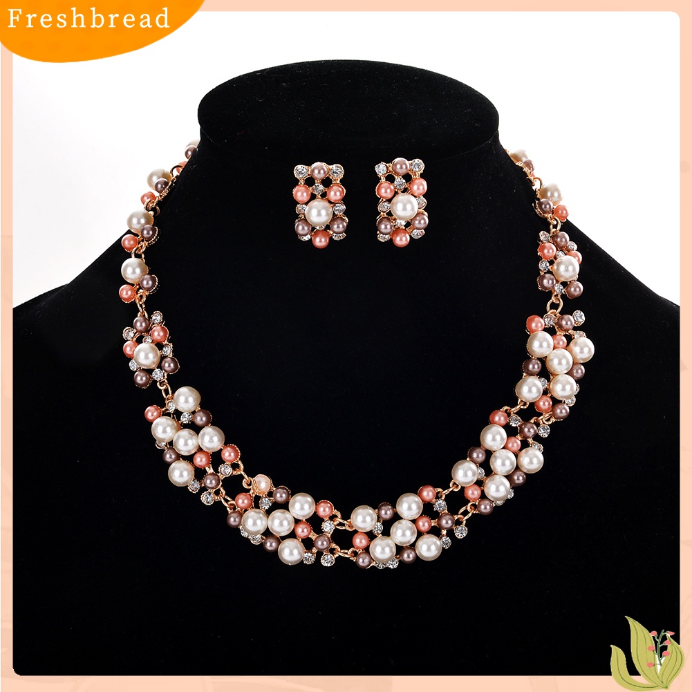 Terlaris 2Pcs Women Fashion Faux Pearl Rhinestone Inlaid Necklace Earrings Jewelry Set