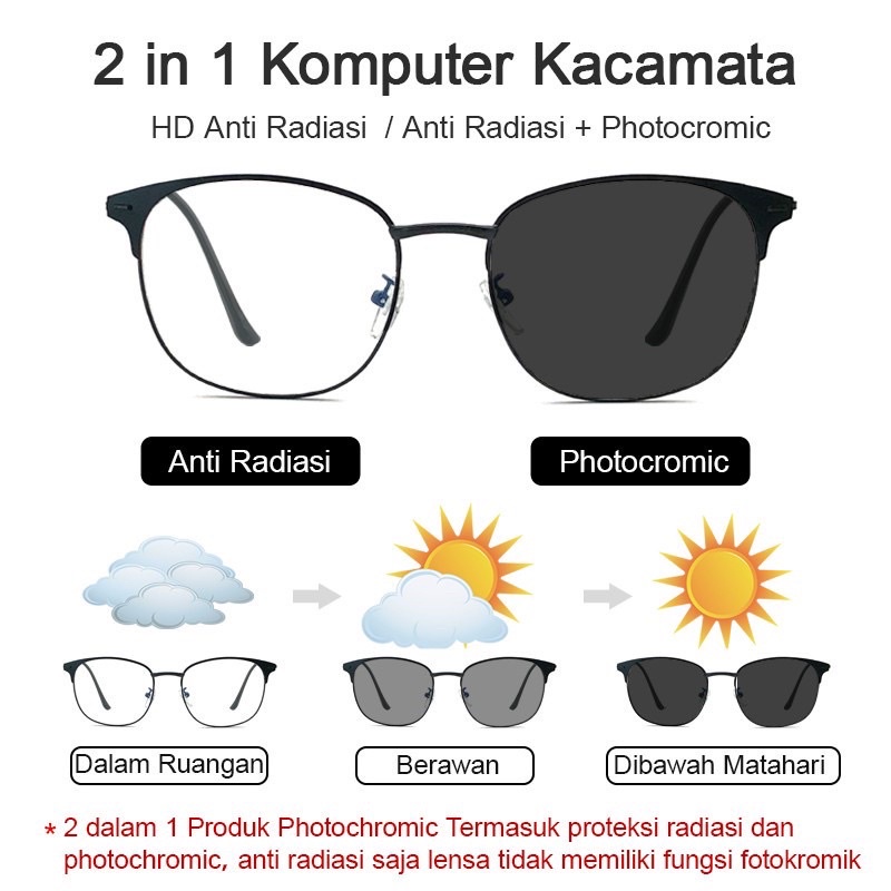 PA Kacamata Lensa Photocromic 2 In 1 Anti Radiasi Wanita Pria 1924 Kacamata Komputer Anti Silau Blue Ray Radiasi Korea KC010 (PTC002)