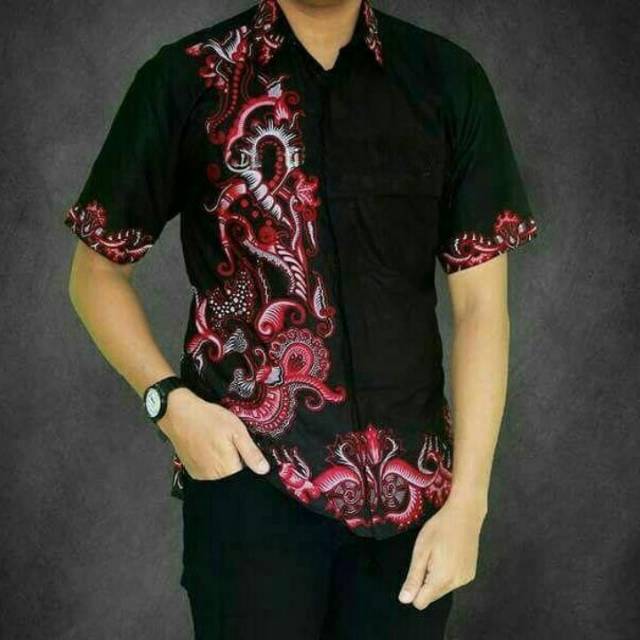PROMO 1.1 flash sale~Baju batik pria lengan pendek Batik modern || Hem blok hitam warna kombinasi