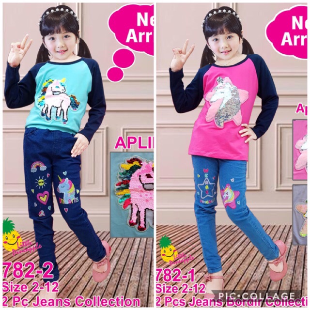 SET PONY SQUIN USAP 7821/7822 CELANA JEANS BORDIR sz 3-8 thn merk Little Pineapple