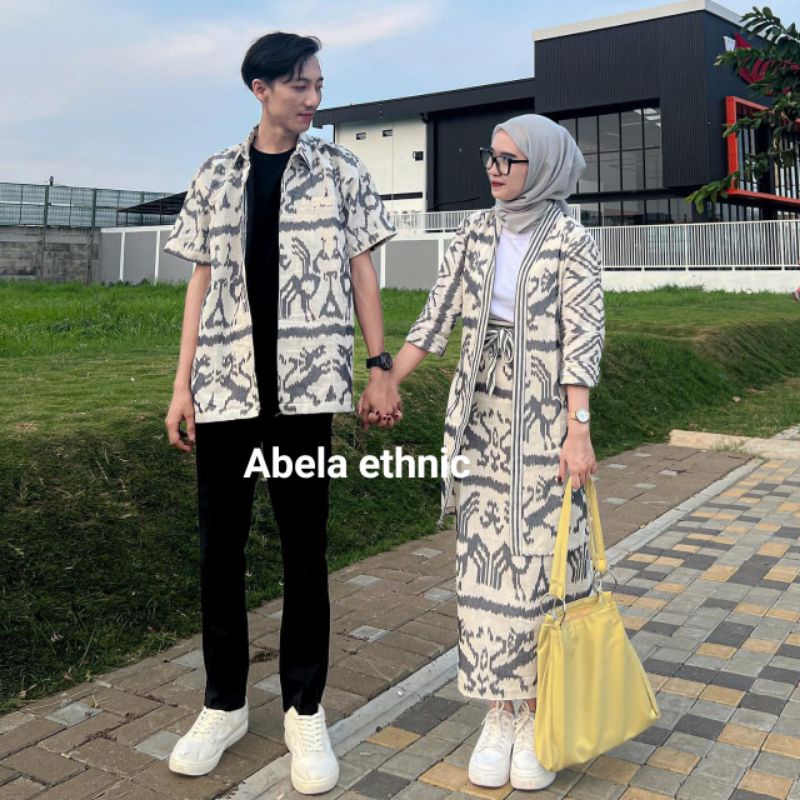 READY STOCK - MADAM WHITE GREY NTT  01 - Baju tenun couple - baju kondangan tenun