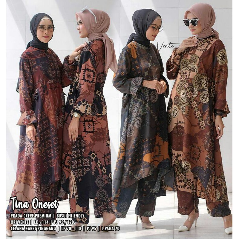 Terbaru termurah ori vente prada crepe premium motif terlaris tina long one set ld 114