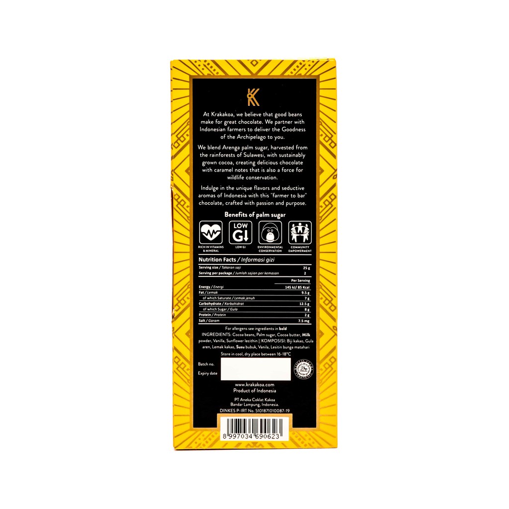 Krakakoa, Arenga 60% Dark Milk Chocolate 50gr (No White Sugar Chocolate)