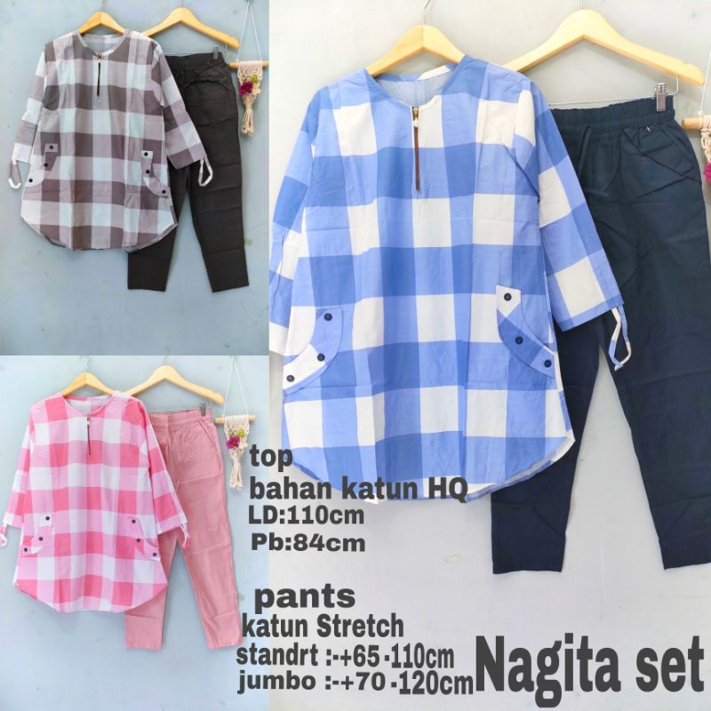 Nagita set / setcel wanita / maga set / setelan jumbo / atasan kotak-kotak