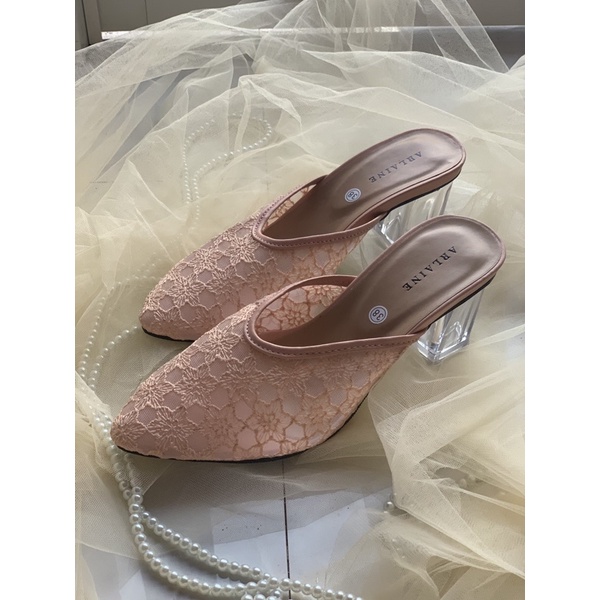 TERMURAH!!!! READY STOK Heels Brukat Zara Hak Kaca 7cm/ sepatu pengantin/ sepatu brokat/ sepatu mewah/ sandal seserahan-Hak kaca 7cm Salem