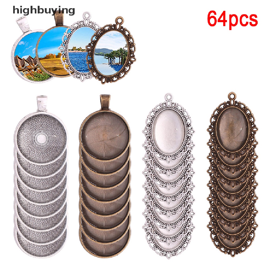 Hbid 64pcs / set Liontin Bentuk Oval Bulat Dengan Dasar Kaca Cabochon Untuk Membuat Perhiasan DIY