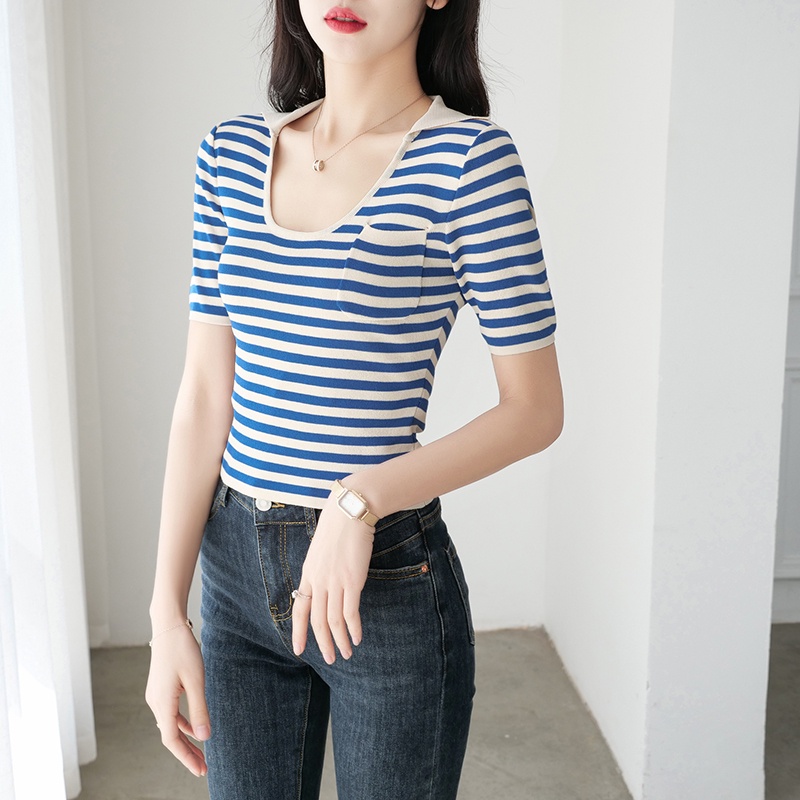 【Elegant】Summer  Stripe Tight Knitted Short Sleeve T-Shirt 7385