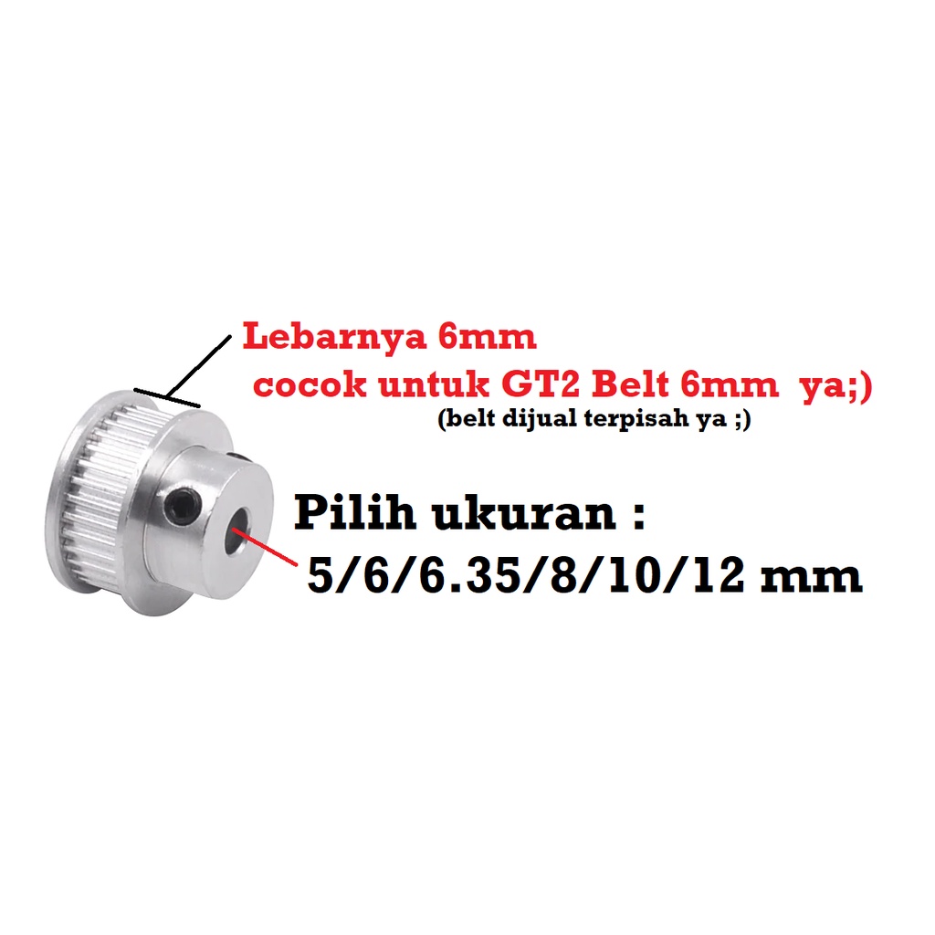 [HAEBOT] GT2 Pulley Timing CNC 60T W6 Bore 5 6 6.35 8 10 12 mm Puley 3D MXL Printer Aluminium Pitch 2mm Lebar 6mm Aktuator Slider Router Mekanik 60 Teeth Gigi