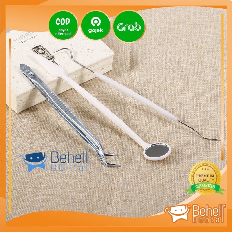 1 SET ISI 3 PLASTIK STERIL - ALAT PEMBERSIH KARANG GIGI PLAK - Dental Instrument Hook Pinset Kaca Mulut Cermin Gigi Set Kit Mini Disposable - Ampuh Rontokin Perontok Penghilang Kikir Scaling Dental Tartar Gigi