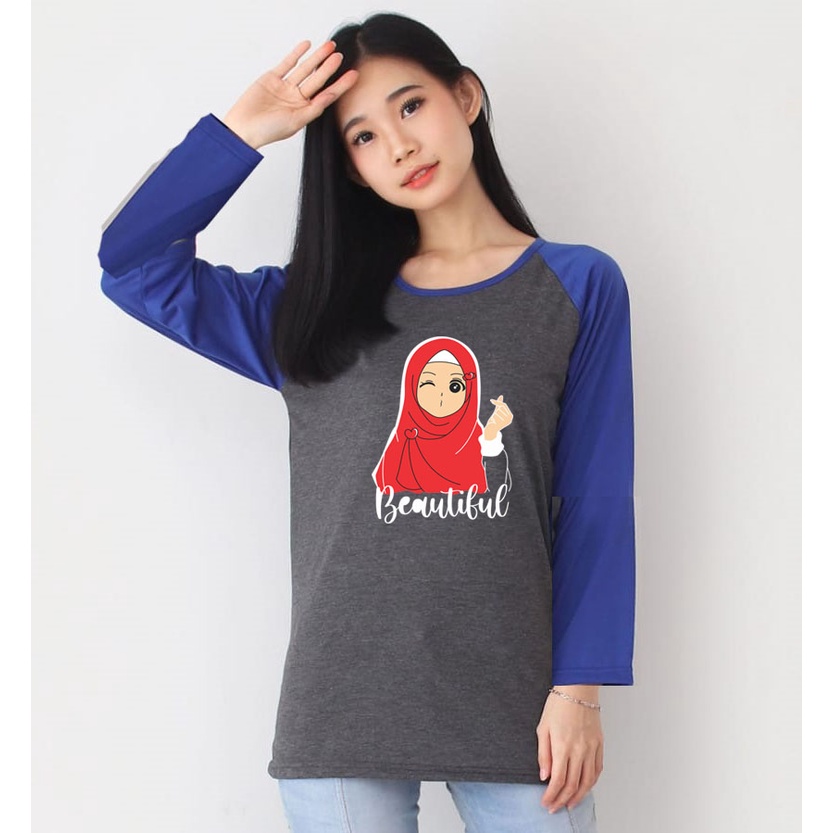 Kaos Raglan Abu Tua Lengan Panjang Gambar Cewek Hijab