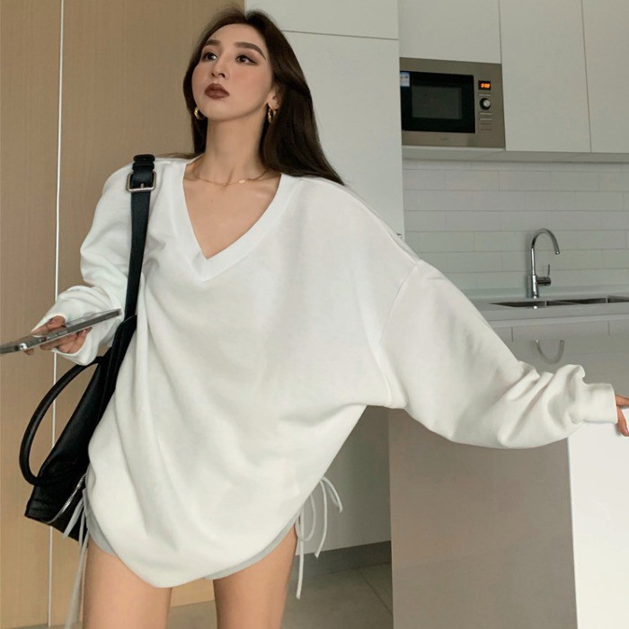 Suhao Sunscreen Wanita Musim Panas Tipis Versi Korea Baru longgar Santai Setengah Panjang Bawah Hilang Lengan Panjang V-Neck T-Shirt