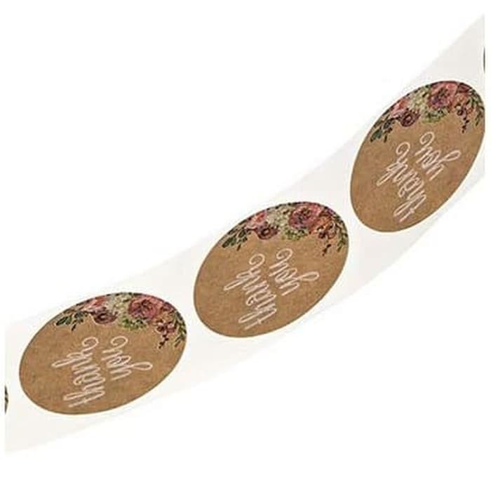 Paper Tags - 1&quot; Floral Round Kraft &quot;Thank You&quot; Sticker #01 (10 Pcs)