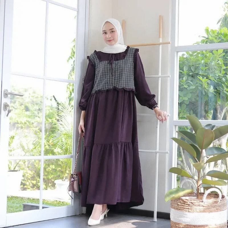 Daisha Dress Gamis Outer Terpisah Baju Gamis Wanita Remaja Rompi Kotak-Kotak Kekinian