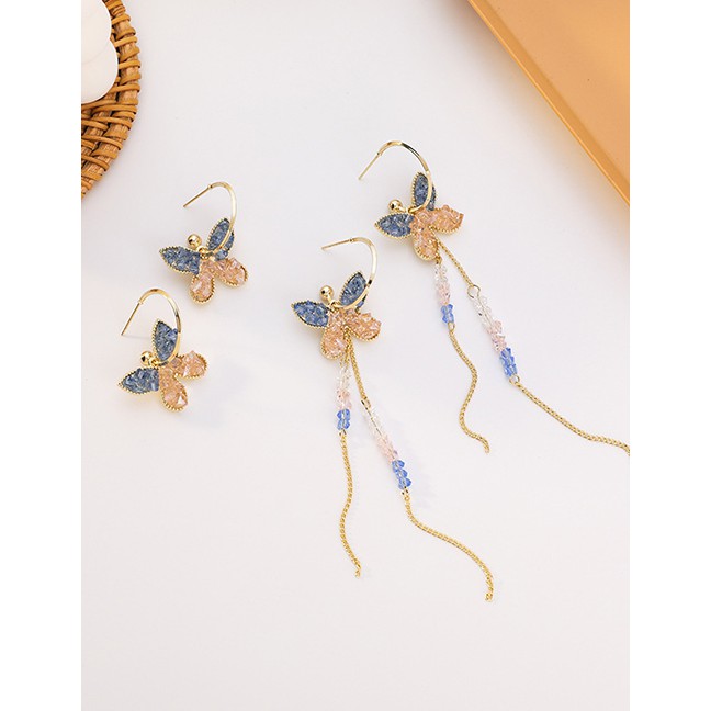 LRC Anting Tusuk Fashion Crystal Butterfly Long Tassel Alloy Earrings K75994