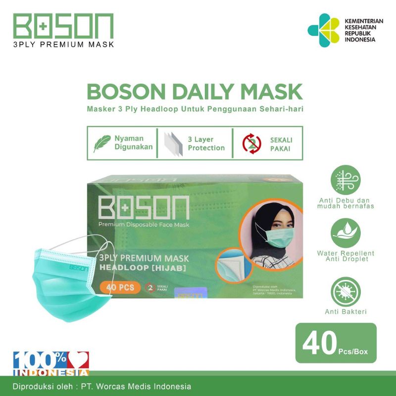 BOSON Masker hijab headloop 3ply Isi 40pcs-disposable daily mask