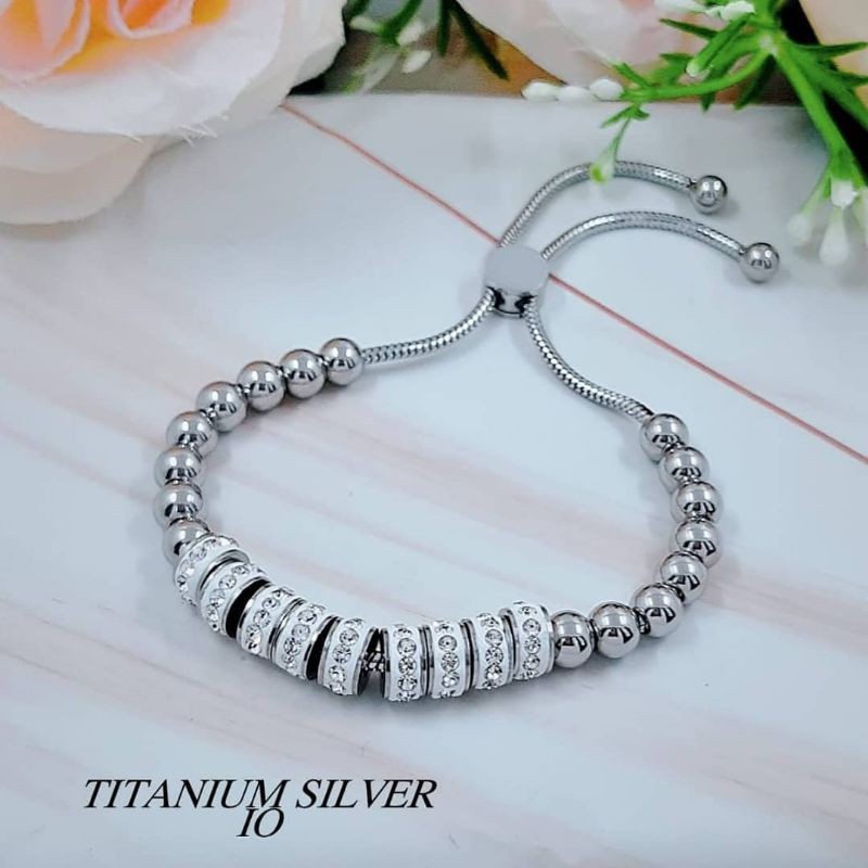 Gelang Wanita Cewek Serut Titanium silver putih full Permata cewe perempuan anti karat asli original