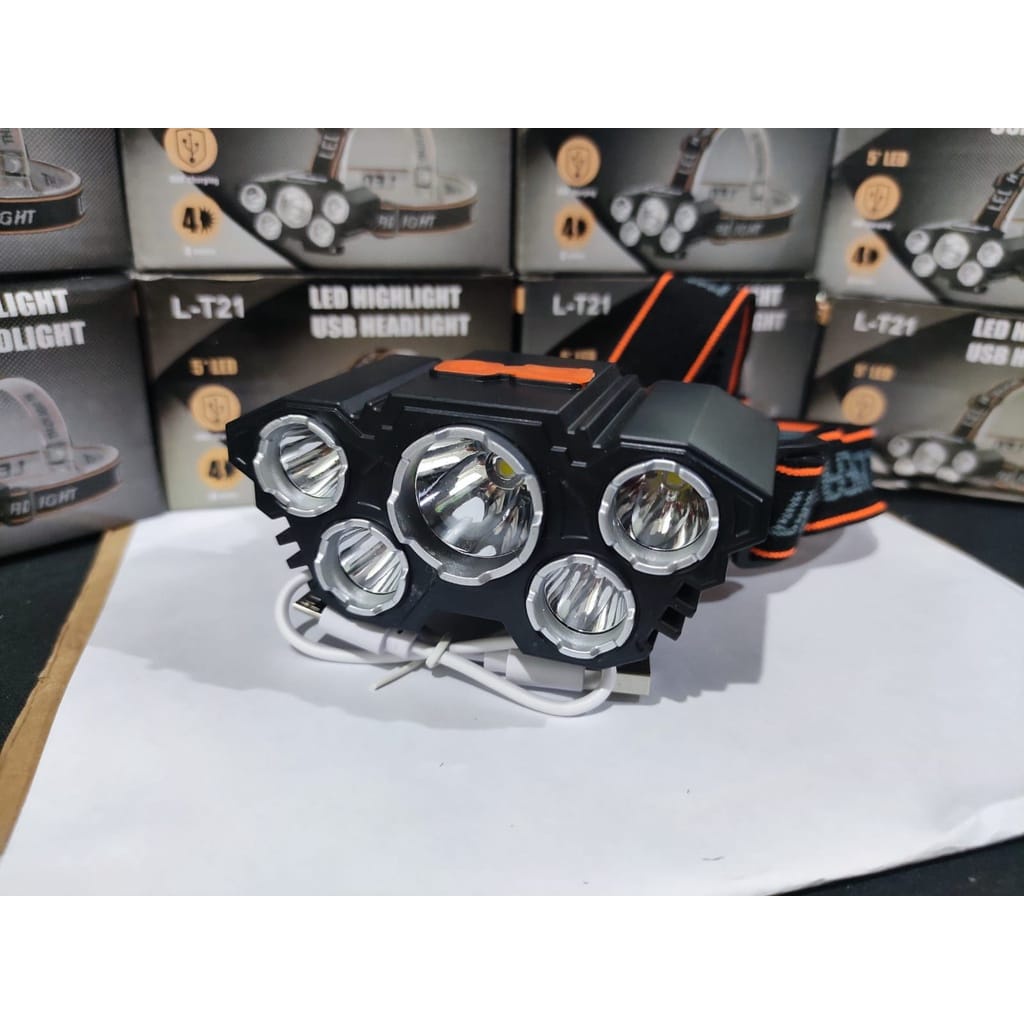 Senter Kepala 50W 5LED Headlight LED USB 50W+10W Senter Kepala 3 Mode Cahaya L - T21 Cod