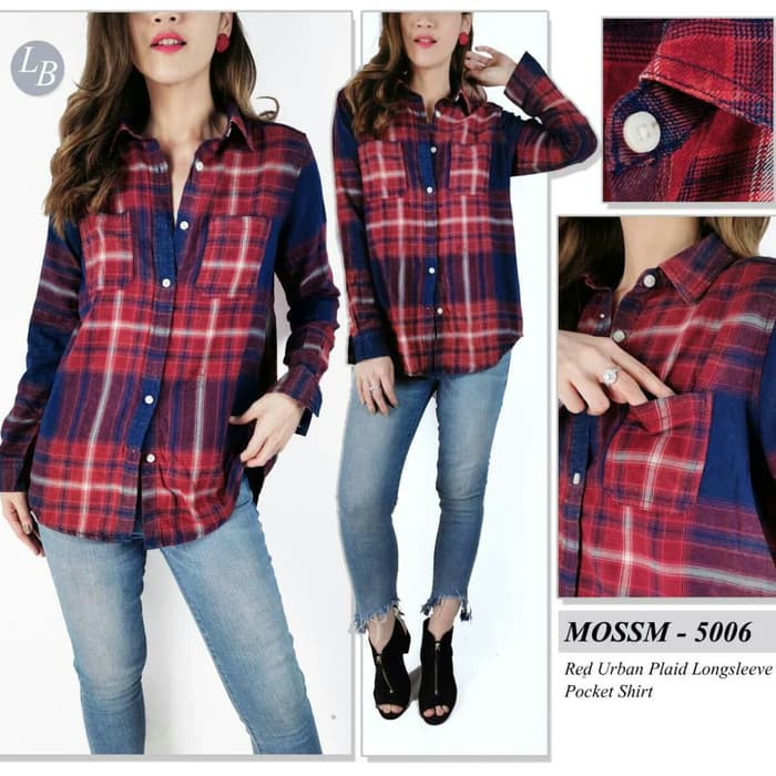 kemeja red urban plaid pocket mossimo