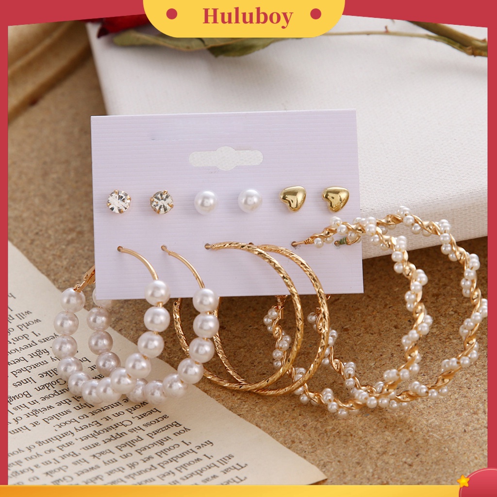 Hu Hu Hu Hu Hu Alat Bantu Pasang Kacamata♡ 6 Pasang / Lembar Anting Juntai Bentuk Lingkaran Besar Aksen Mutiara Tiruan Untuk Wanita