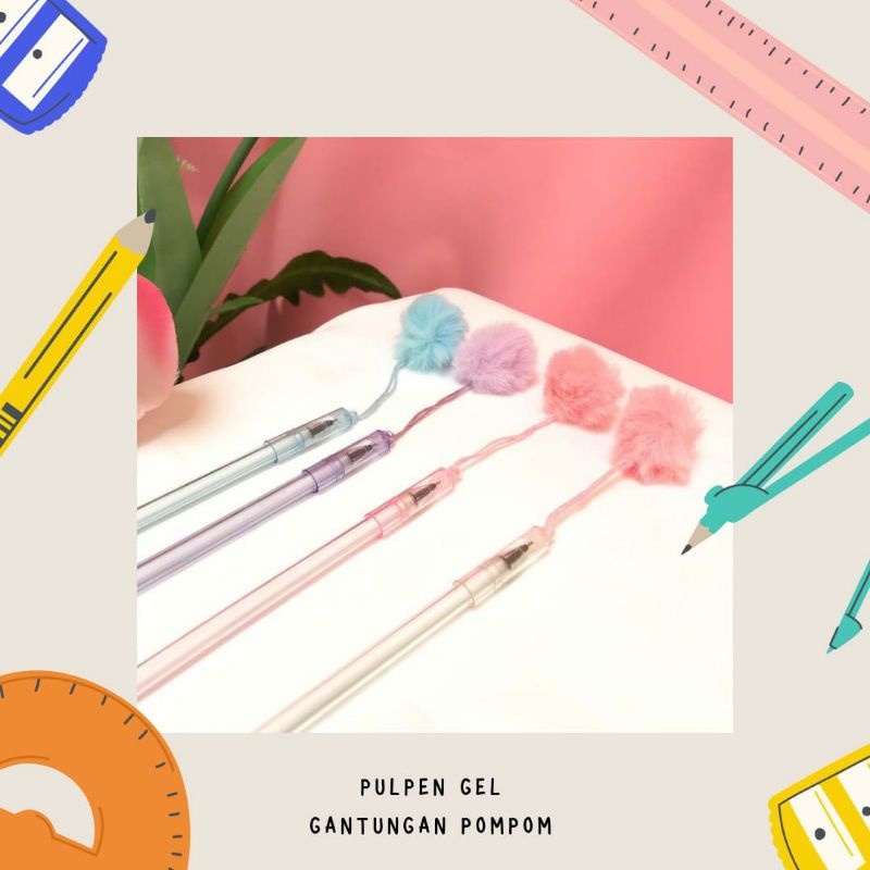 Pulpen pom pom hiasan pastel cotton candy bulu pena lucu gel karakter