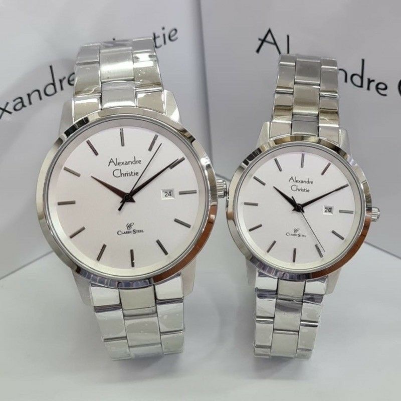jam tangan pria dan wanita couple sepasang pasangan alexandre christie 8645 rantai silver putih