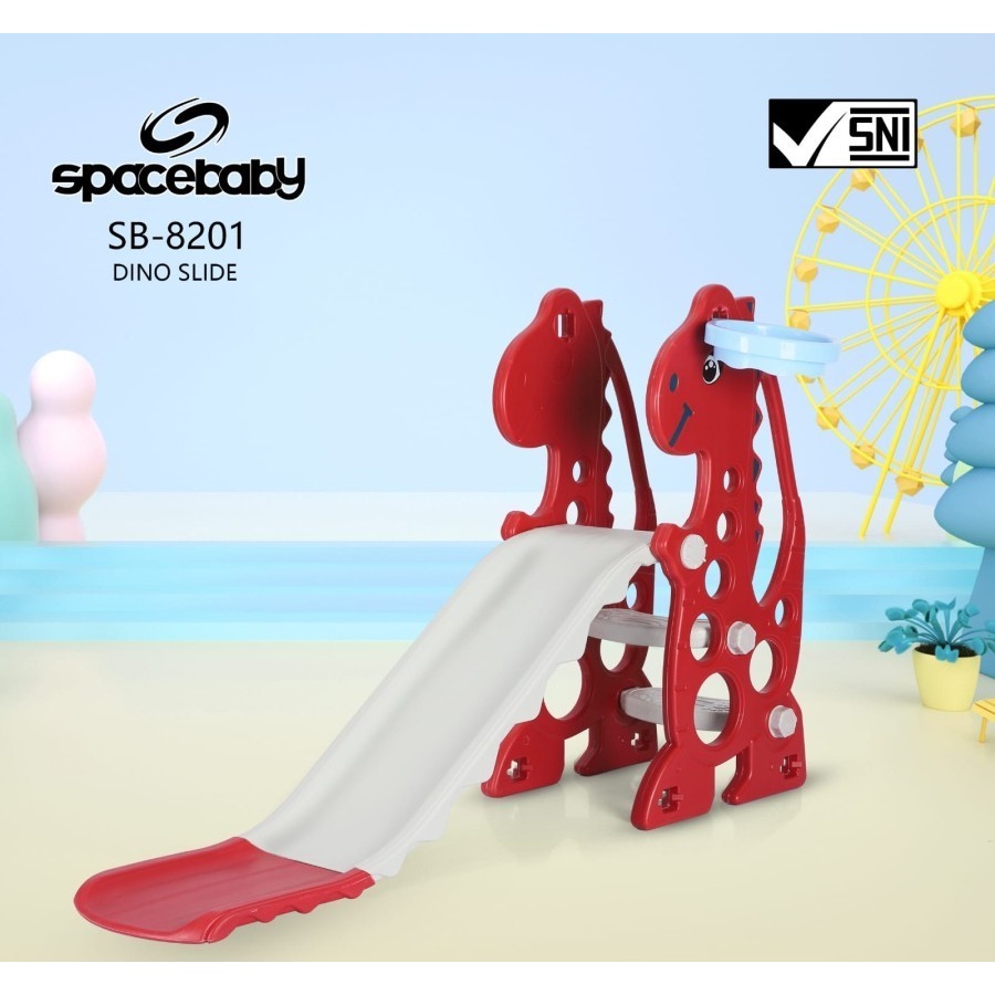 Mainan Anak Perosotan Prosotan Slide Model Dino Ayunan ring keranjang bola basket karet SB8201 & SB8202 By Spacebaby 3 in 1 Slide Swing and Basket-Red SB8201