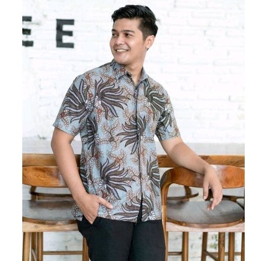 Kemeja Batik Pria Modern Lengan Pendek Kobis Abu Size M L XL XXL Batik Pria Kantor