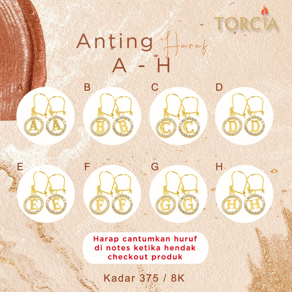 Anting Emas Asli Huruf Lingkaran Permata A-Z Kadar 375 Torcia