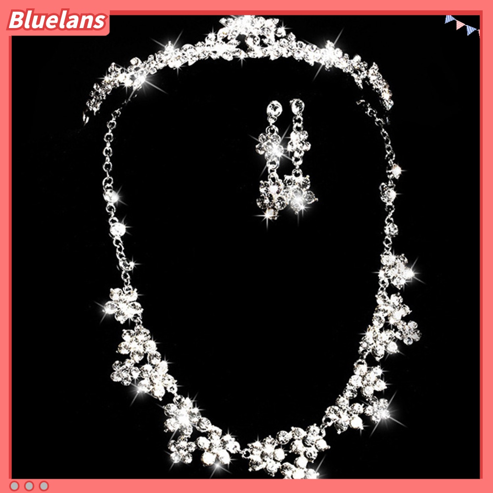 Bluelans Set Mahkota + Kalung + Anting Gantung Tusuk Aksen Berlian Imitasi Untuk Perhiasan Pengantin Wanita