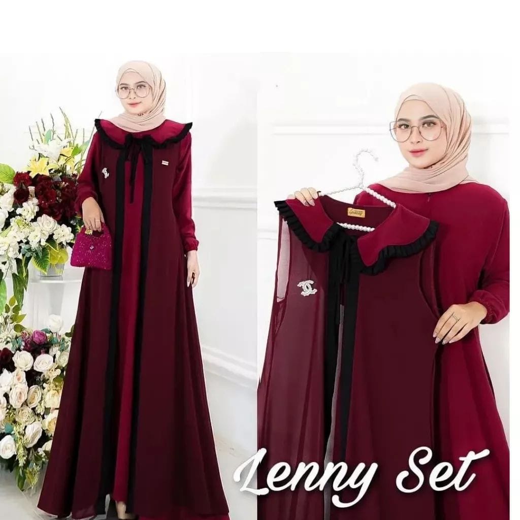 Baju Gamis wanita Lebaran Terbaru 2021 Kimiko Set Bahan Ceruty motif Polkadot M L Inner Dan Outer Bisa Di PisaH-maroon