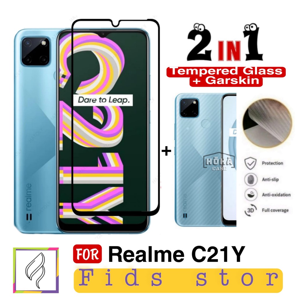 PROMO 2in1 Tempered Glass REALME C21Y TG Layar FULL COVER Black Premium Free GarSkin Carbon flexible