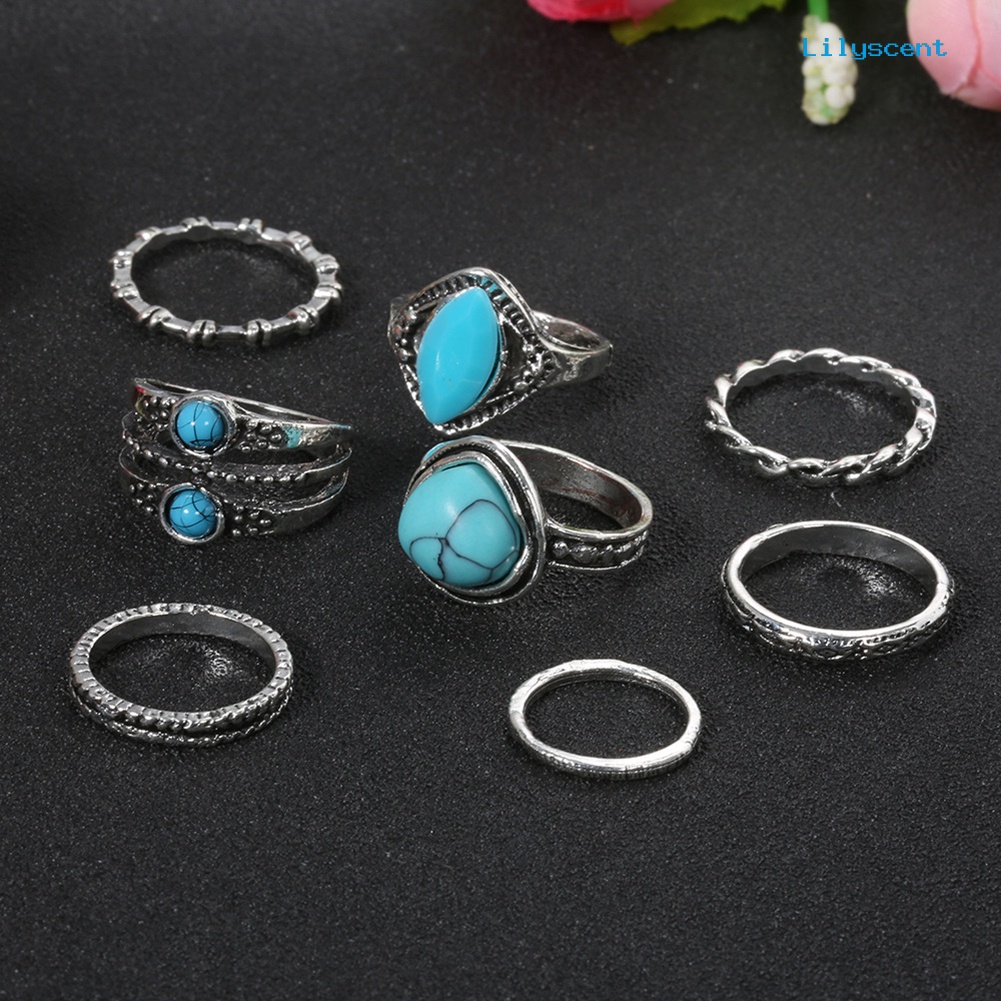 8pcs Cincin Jari Bentuk Lingkaran Aksen Turquoise Imitasi Gaya Retro Bohemian Untuk Wanita