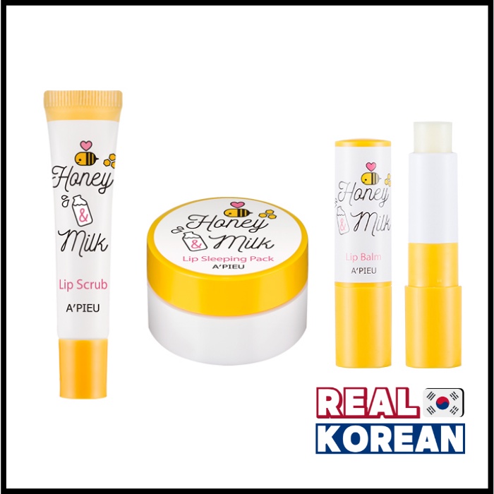 Apieu Honey and Milk Lip Balm 3.3g/ Honey and Milk Lip Scrub 8ml / Honey and Milk Lip Sleeping Pack 6.7g