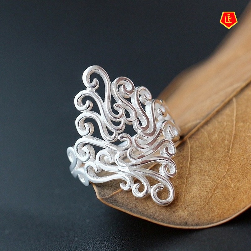 [Ready Stock]Women's Retro Hollow Pattern Silver Ring