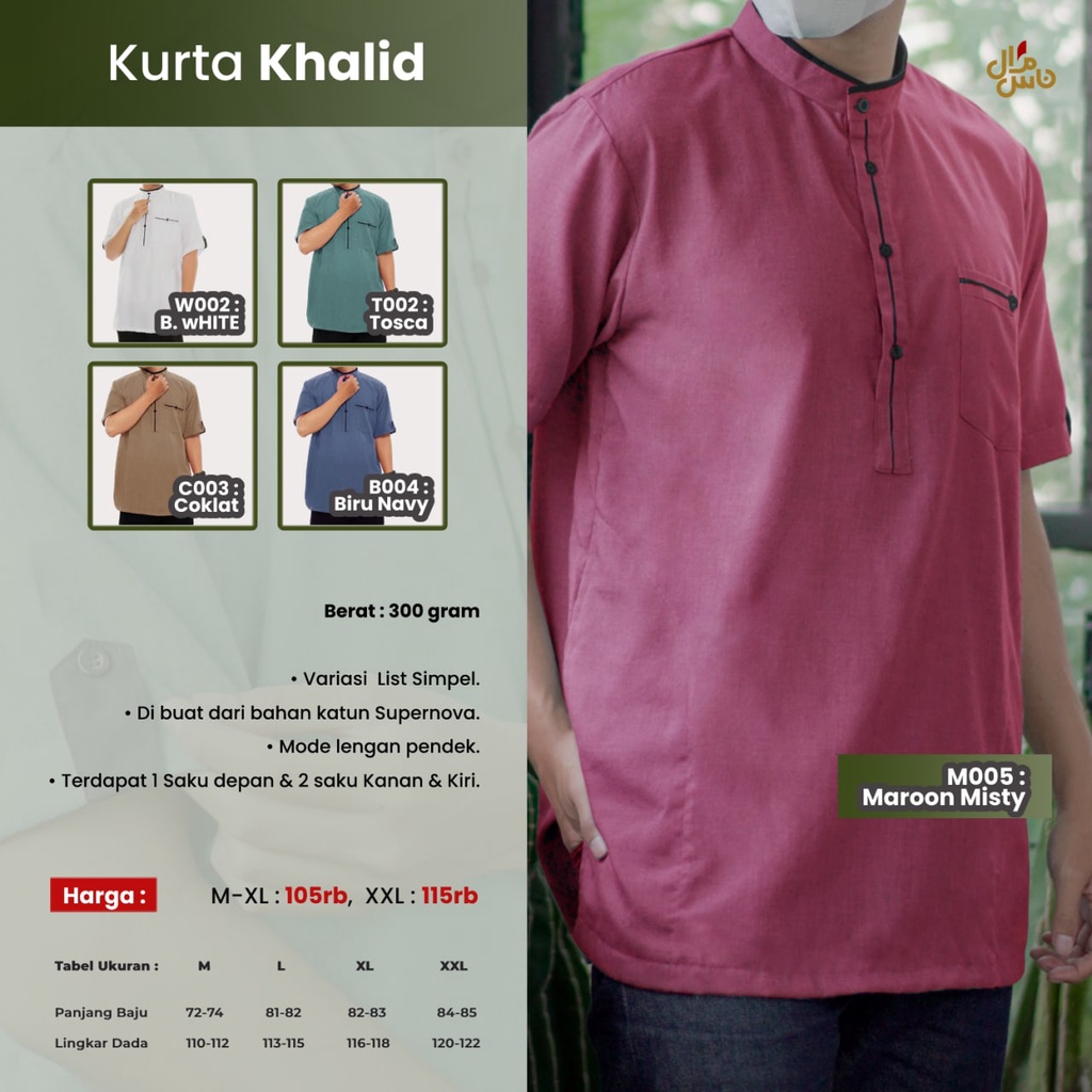 Baju Koko Kurta Pria Dewasa Lengan Pendek Bahan Katun KHALID Gratis Peci Rajut