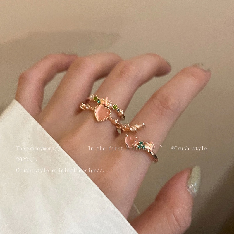 YEEZII Set Cincin Adjustable Desain Bunga Hati Kristal Mutiara Warna Pink Untuk Wanita