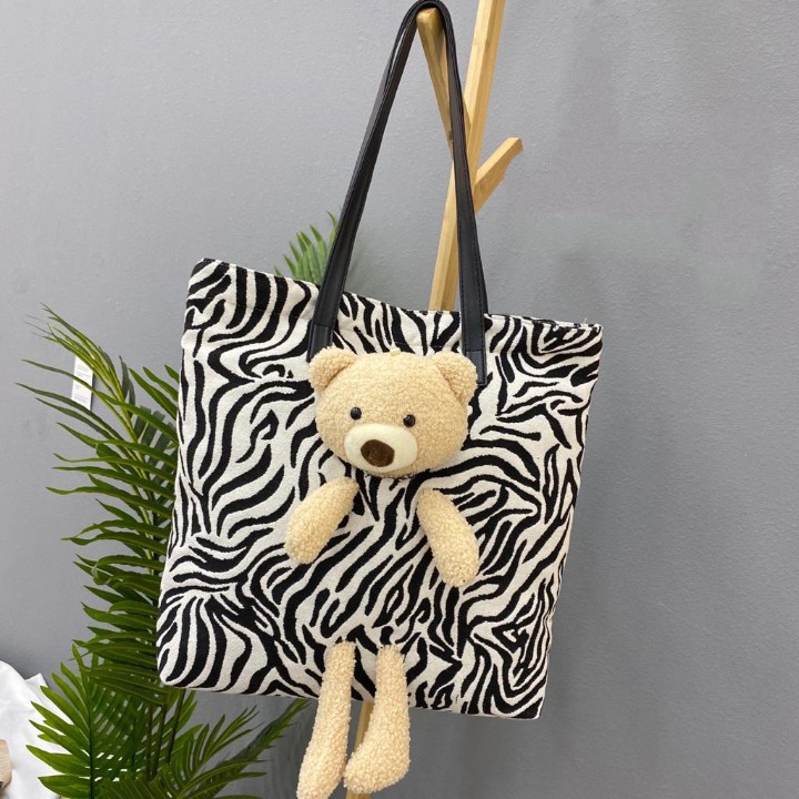 Tas Tote Bag Bahu Shoulder Ukuran Besar Kanvas Motif Boneka Beruang Bear Lucu Impor 2038#