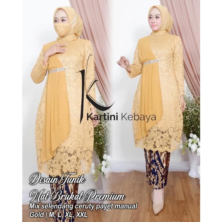 Setelan Kebaya Tunik Brukat / Brokat Mix Selendang Ceruty Aneka Pilihan Warna