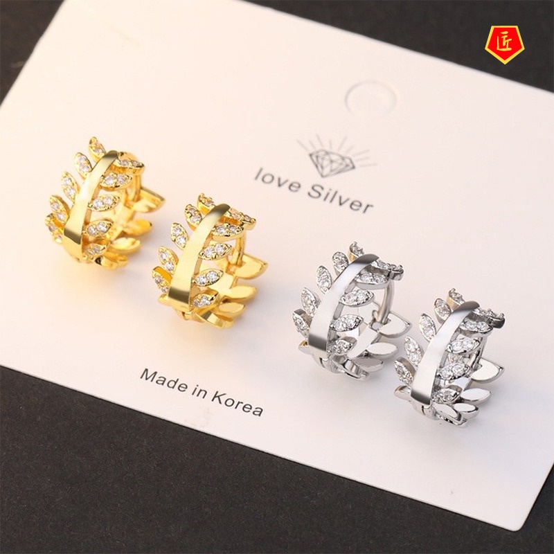 [Ready Stock]Elegant Fashion Leaves Rhinestone Earrings